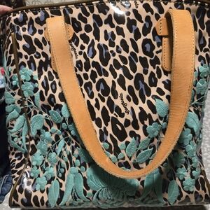Consuela Bundle Leopard Print Tote Bag with Tan and Teal Accents